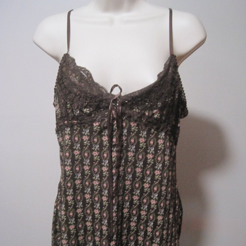 Unbranded Women Medium Floral Brown Lace Trim Ribbon Drawstring Cotton Camisole